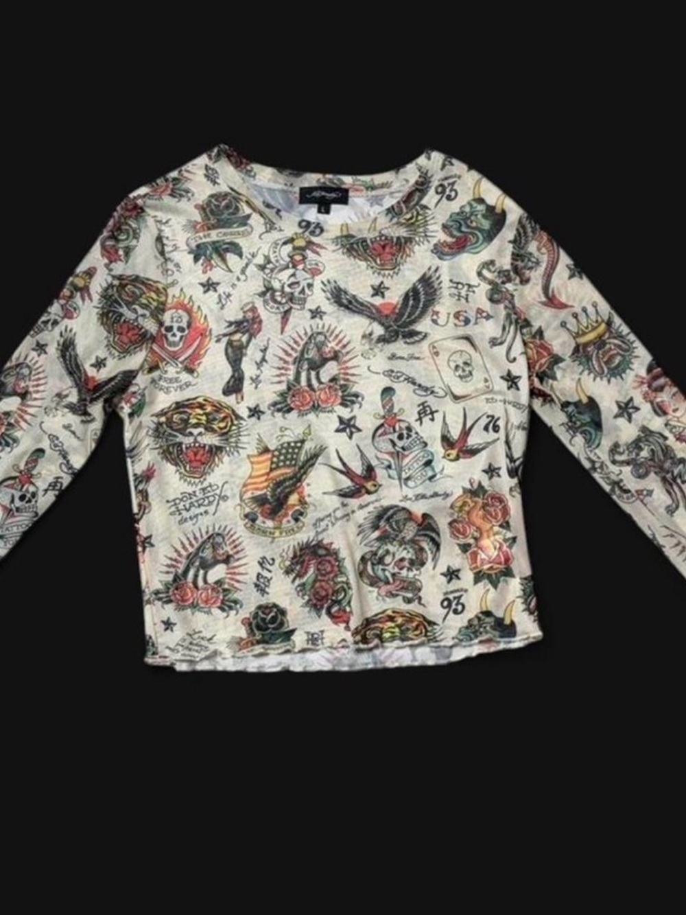 Ed Hardy White Long Sleeve Tattoo Print Tee with Multicolor Graphics